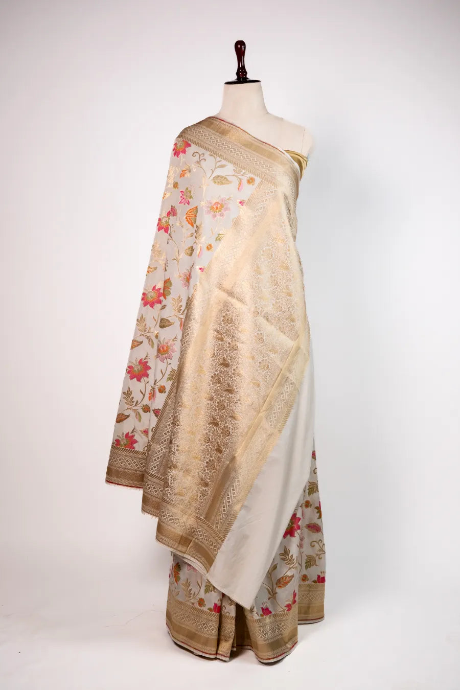 Off-White Kataan Banarasi Saree with Meena Work