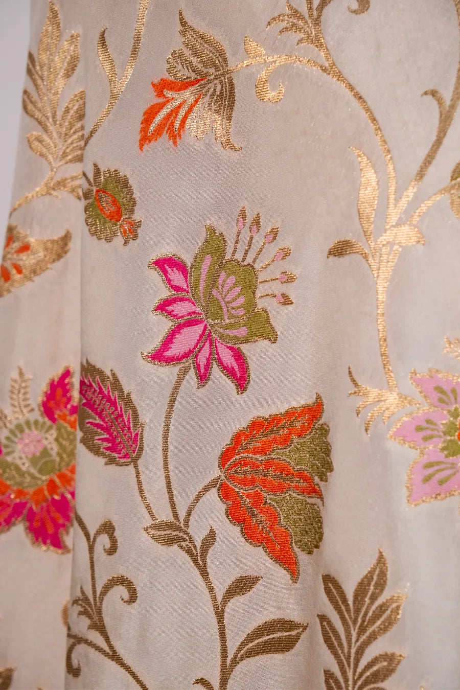 Off-White Kataan Banarasi Saree with Meena Work