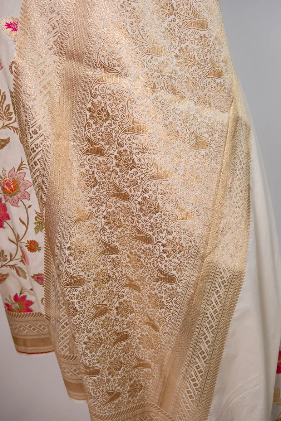 Off-White Kataan Banarasi Saree with Meena Work