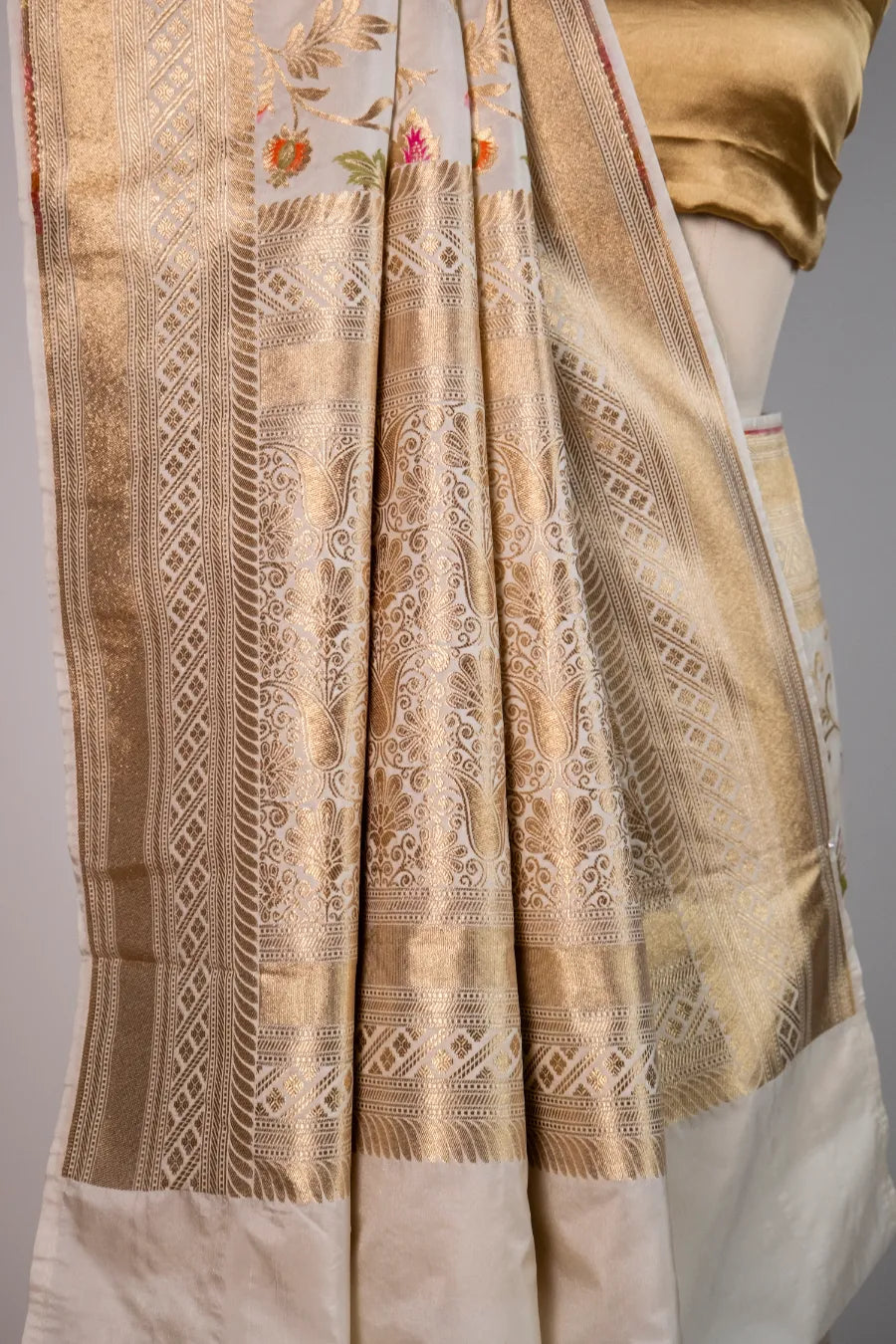 Off-White Kataan Banarasi Saree with Meena Work