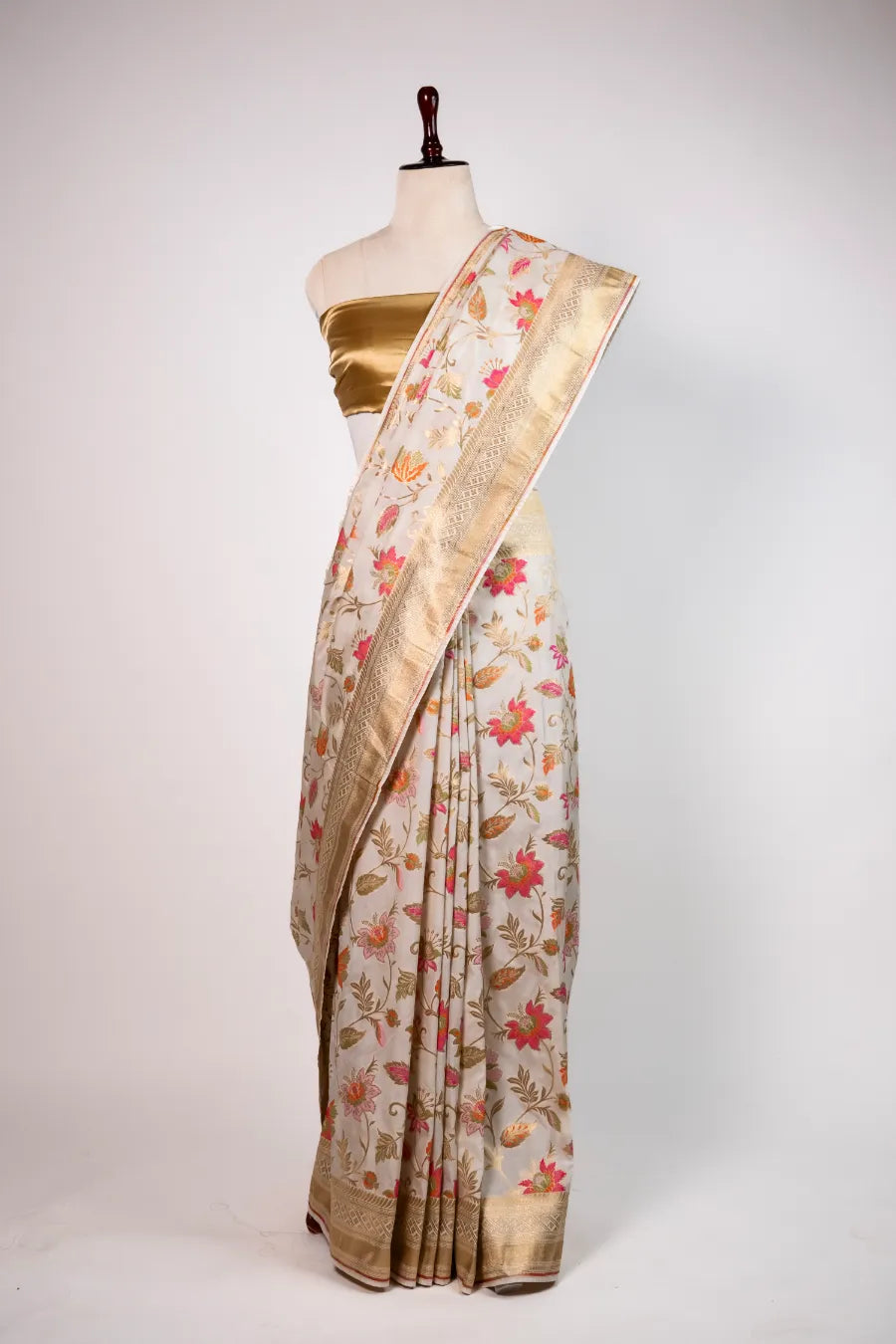 Off-White Kataan Banarasi Saree with Meena Work