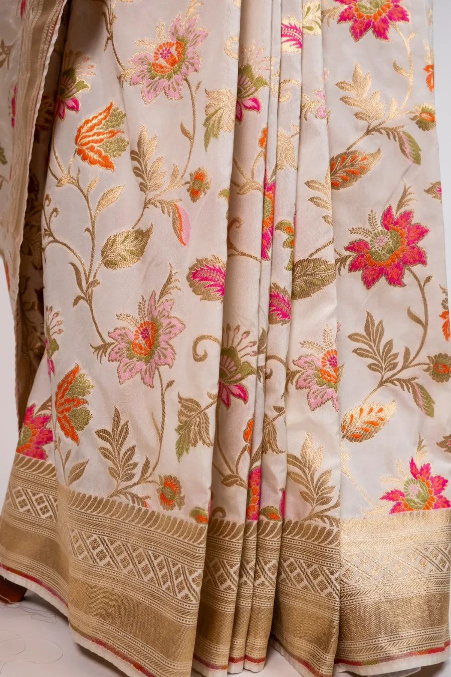 Off-White Kataan Banarasi Saree with Meena Work