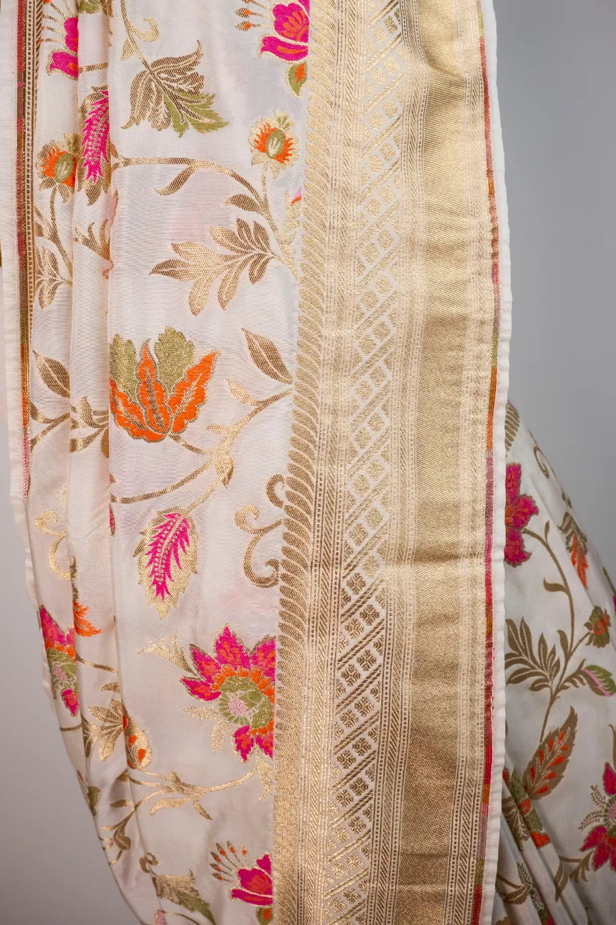 Off-White Kataan Banarasi Saree with Meena Work