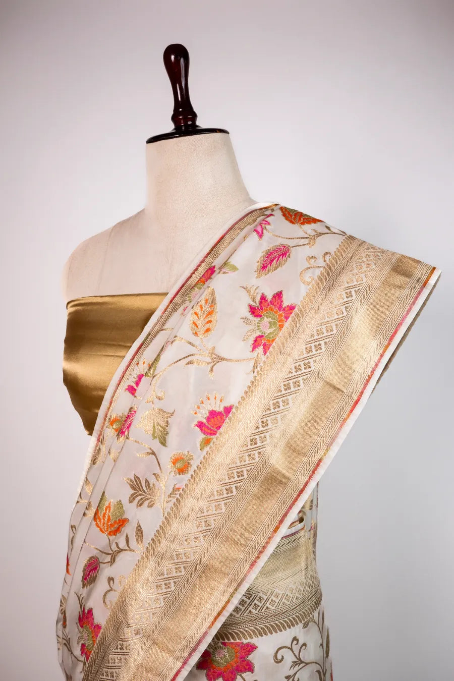 Off-White Kataan Banarasi Saree with Meena Work