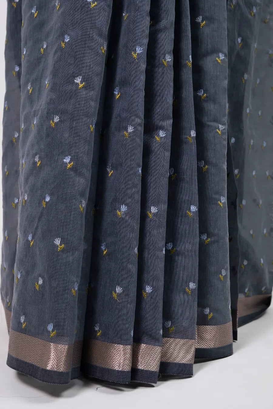 Grey Cotton Saree with Piping Border & Embroidered Booti Work