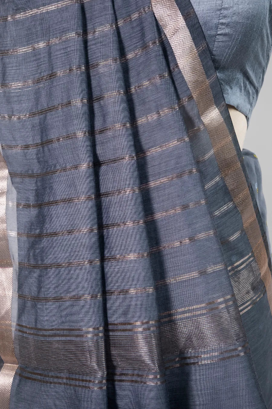 Grey Cotton Saree with Piping Border & Embroidered Booti Work