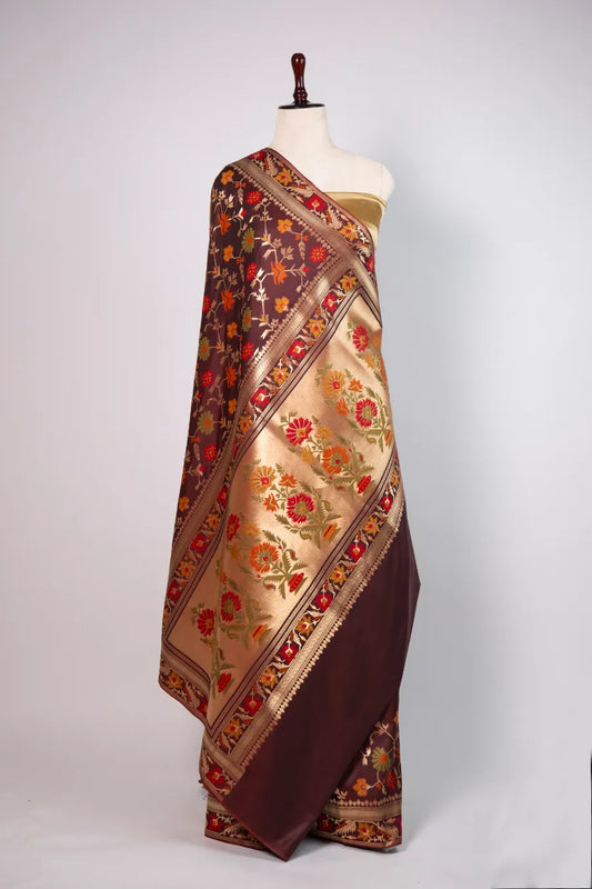Maroon Kataan Banarasi Meena Jaal Saree