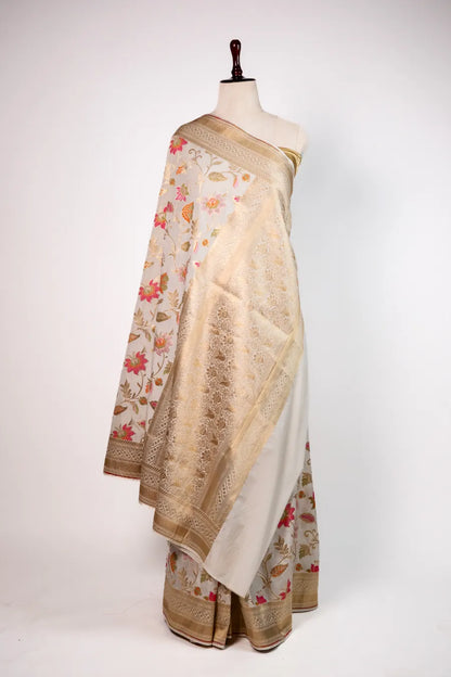 Off-White Kataan Banarasi Saree with Meena Work