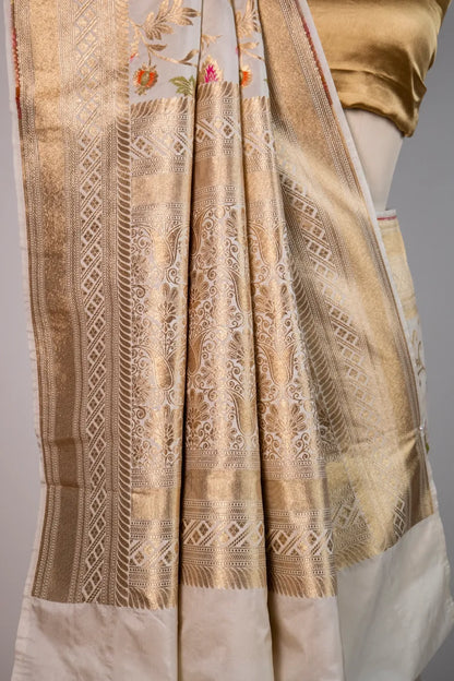 Off-White Kataan Banarasi Saree with Meena Work