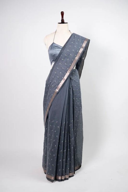 Grey Cotton Saree with Piping Border & Embroidered Booti Work