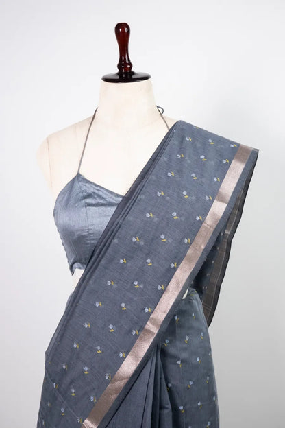 Grey Cotton Saree with Piping Border & Embroidered Booti Work