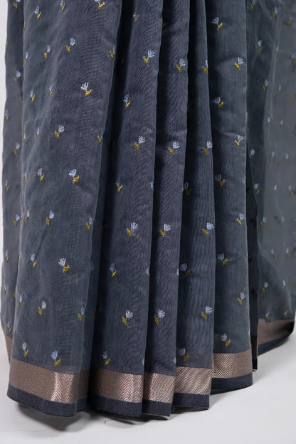 Grey Cotton Saree with Piping Border & Embroidered Booti Work