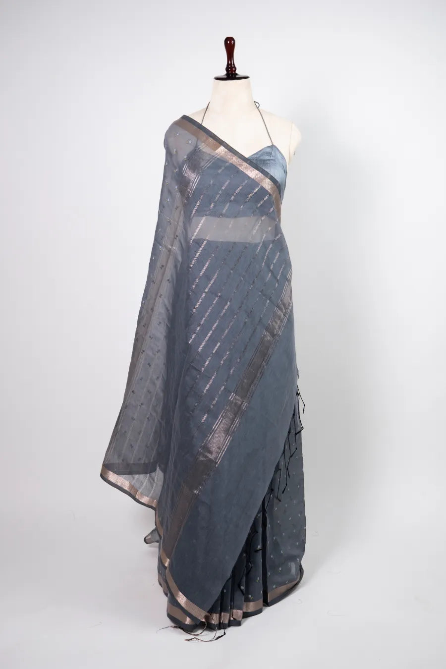 Grey Cotton Saree with Piping Border & Embroidered Booti Work