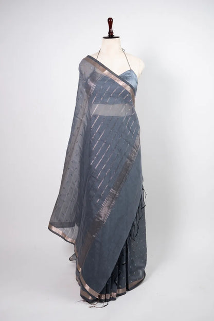 Grey Cotton Saree with Piping Border & Embroidered Booti Work